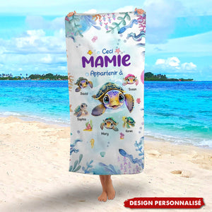 Serviette de Plage Personnalisée Mamie et Petites Tortues