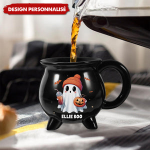 Mug Chaudron Personnalisé Halloween – Fantôme Kawaii avec Citrouille et Prénom