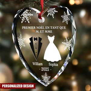 Ornement en Verre en Forme de Cœur Personnalisé - Premier Noël Mariés