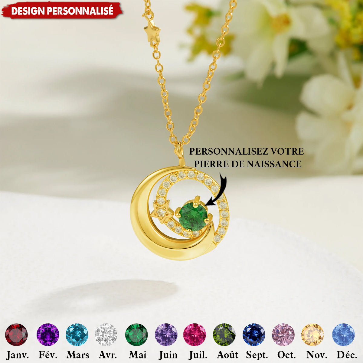 Collier Lune-Étoile avec Pierre de Naissance Personnalisée – Bijou Élégant et Unique