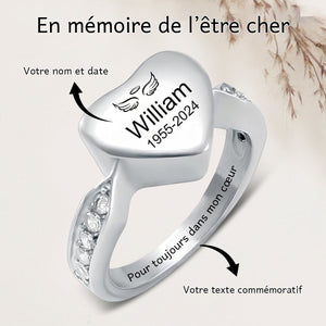 Bague commémorative en acier inoxydable personnalisée avec urne en forme de cœur