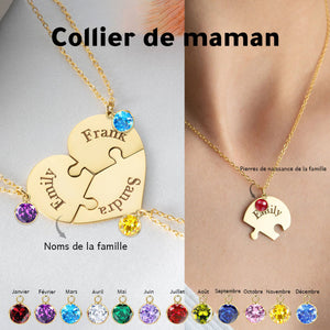 Collier Cœur Puzzle avec Pierres de Naissance et Noms Personnalisés – Cadeau pour la Fête des Mères