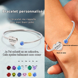 Bracelet Cœur avec Pierre de Naissance et Texte Commémoratif Personnalisé