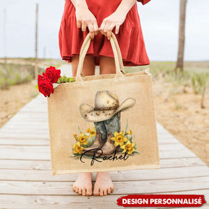 Sac Tote Personnalisé avec Fleur de Naissance – Chapeau & Bottes de Cowgirl avec Prénom