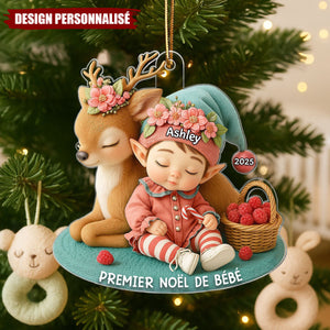 Suspension de Noël en Acrylique Personnalisée – Premier Noël de Bébé avec Petit Renne