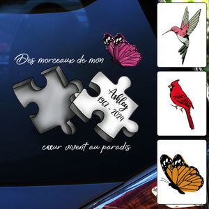 Autocollant Commémoratif Personnalisé pour Voiture – Pièce de Puzzle avec Nom, Dates et Papillon