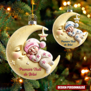 Premier Noël de Bébé – Décoration Personnalisée en Acrylique avec Lune et Bébé Dormant