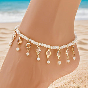 Chevillère Élégante avec Perles et Gouttes de Cristal – Bijou Estival Inspiré de la Plage