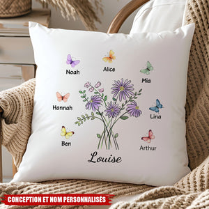 Coussin Personnalisé avec Noms de la Famille et Design Floral