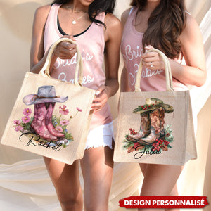 Sac Tote Personnalisé avec Fleur de Naissance – Chapeau & Bottes de Cowgirl avec Prénom