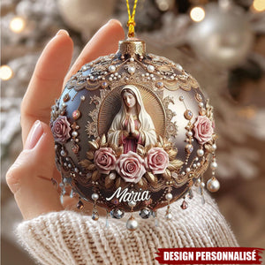 Ornement Chrétien Personnalisé – Vierge Marie et Roses Élégantes