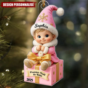 Ornement Acrylique Personnalisé – Premier Noël de Bébé avec Prénom et Date