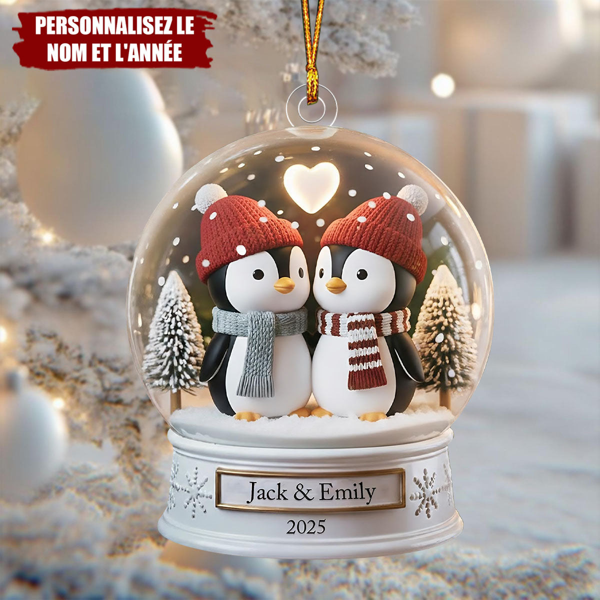 Ornement Personnalisé Couple de Manchots – Cadeau avec Noms et Année