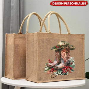 Sac Tote Personnalisé avec Fleur de Naissance – Chapeau & Bottes de Cowgirl avec Prénom