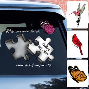 Autocollant Commémoratif Personnalisé pour Voiture – Pièce de Puzzle avec Nom, Dates et Papillon