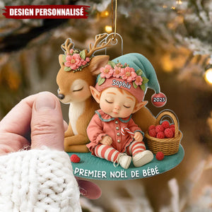 Suspension de Noël en Acrylique Personnalisée – Premier Noël de Bébé avec Petit Renne
