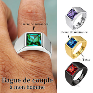 Bague chevalière personnalisée avec pierre de naissance à coupe carrée pour homme