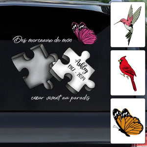Autocollant Commémoratif Personnalisé pour Voiture – Pièce de Puzzle avec Nom, Dates et Papillon