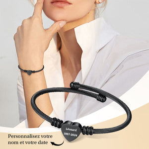 Bracelet commémoratif personnalisé avec nom et date gravés pour femme