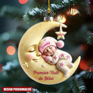 Premier Noël de Bébé – Décoration Personnalisée en Acrylique avec Lune et Bébé Dormant