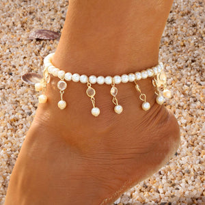 Chevillère Élégante avec Perles et Gouttes de Cristal – Bijou Estival Inspiré de la Plage