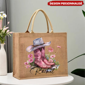 Sac Tote Personnalisé avec Fleur de Naissance – Chapeau & Bottes de Cowgirl avec Prénom