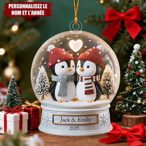 Ornement Personnalisé Couple de Manchots – Cadeau avec Noms et Année