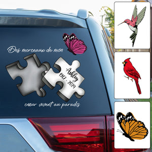 Autocollant Commémoratif Personnalisé pour Voiture – Pièce de Puzzle avec Nom, Dates et Papillon