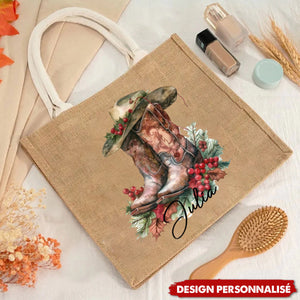 Sac Tote Personnalisé avec Fleur de Naissance – Chapeau & Bottes de Cowgirl avec Prénom