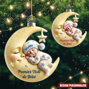 Premier Noël de Bébé – Décoration Personnalisée en Acrylique avec Lune et Bébé Dormant