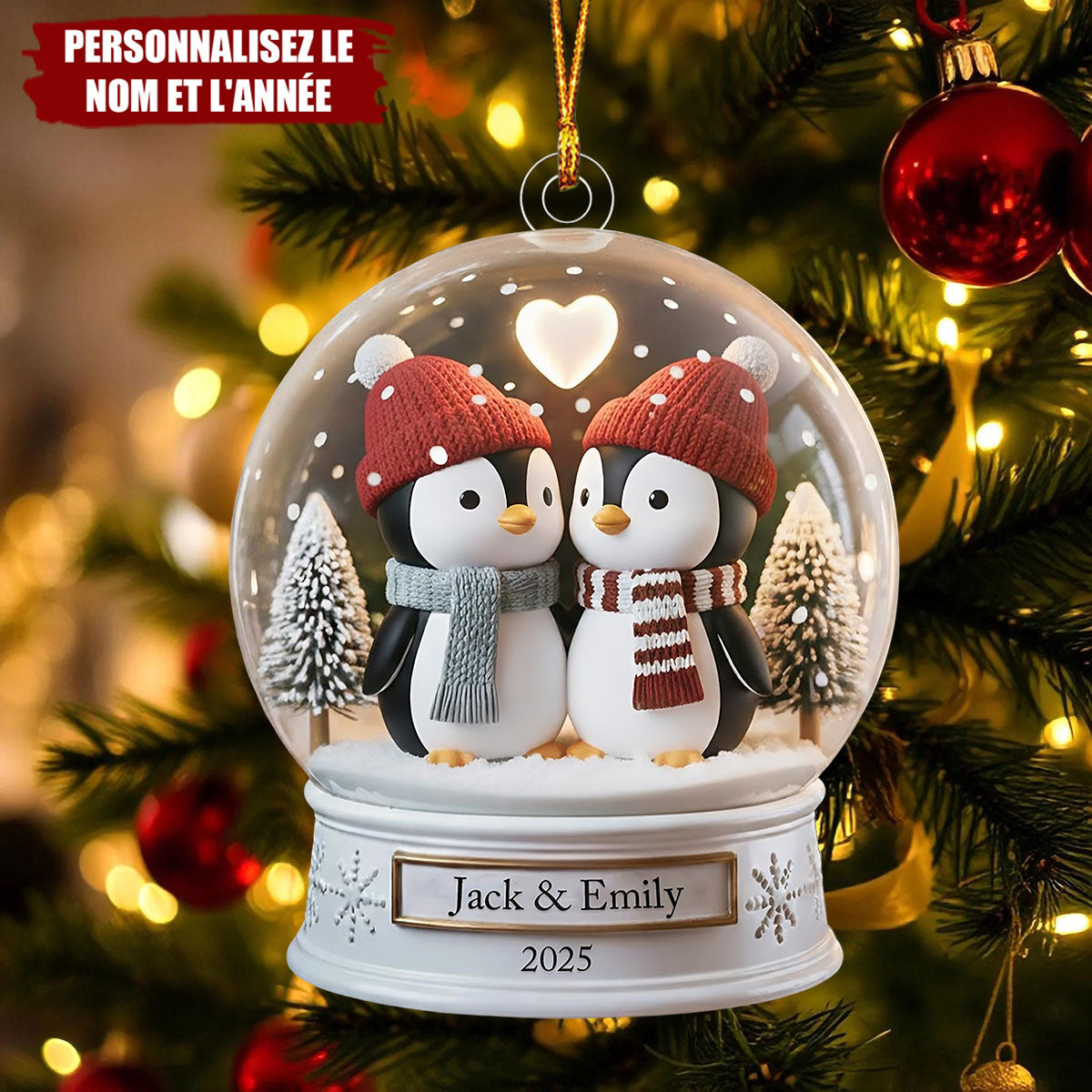Ornement Personnalisé Couple de Manchots – Cadeau avec Noms et Année