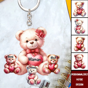 Porte-clés Ours Personnalisé avec Prénoms – Cadeau Tendre pour Maman