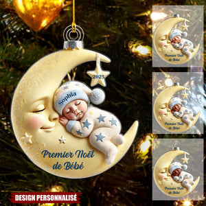 Premier Noël de Bébé – Décoration Personnalisée en Acrylique avec Lune et Bébé Dormant