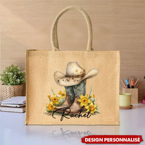 Sac Tote Personnalisé avec Fleur de Naissance – Chapeau & Bottes de Cowgirl avec Prénom