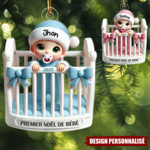 Suspension de Noël Personnalisée – Premier Noël de Bébé en Berceau avec Prénom et Année
