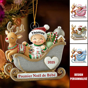 Premier Noël de Bébé – Décoration Personnalisée en Acrylique avec Traîneau et Renne