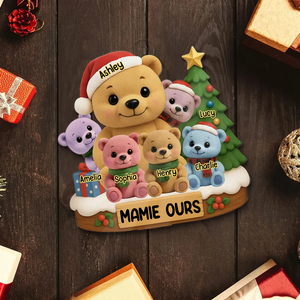 Ornement de Noël Personnalisé en Acrylique – Famille d’Ours avec Prénoms et Sapin