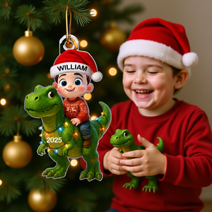 Ornement de Noël Acrylique Personnalisé – Enfants sur Dinosaure avec Prénom et Année