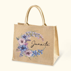 Sac en Toile de Jute Personnalisé avec Prénom et Fleur de Naissance – Cadeau Élégant pour Femme