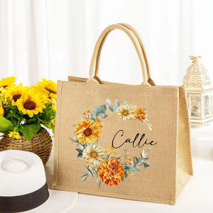 Sac en Toile de Jute Personnalisé avec Prénom et Fleur de Naissance – Cadeau Élégant pour Femme