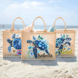 Sac en Toile de Jute Personnalisé - Motif Tortue Marine avec Fleurs et Prénom