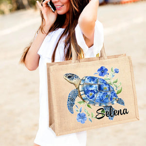Sac en Toile de Jute Personnalisé - Motif Tortue Marine avec Fleurs et Prénom