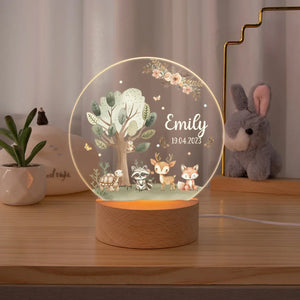 Lampe de Nuit Personnalisée avec Animaux de la Forêt – Veilleuse LED avec Nom et Date pour Enfants