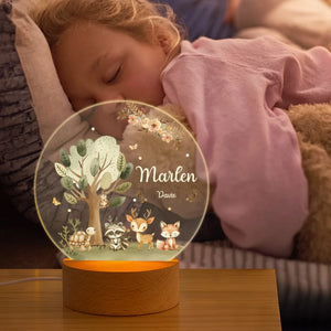 Lampe de Nuit Personnalisée avec Animaux de la Forêt – Veilleuse LED avec Nom et Date pour Enfants
