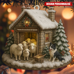 Ornement en Bois Personnalisé – Petite Ferme Hivernale avec Moutons