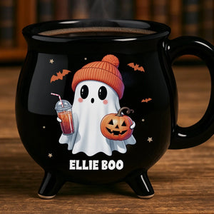 Mug Chaudron Personnalisé Halloween – Fantôme Kawaii avec Citrouille et Prénom
