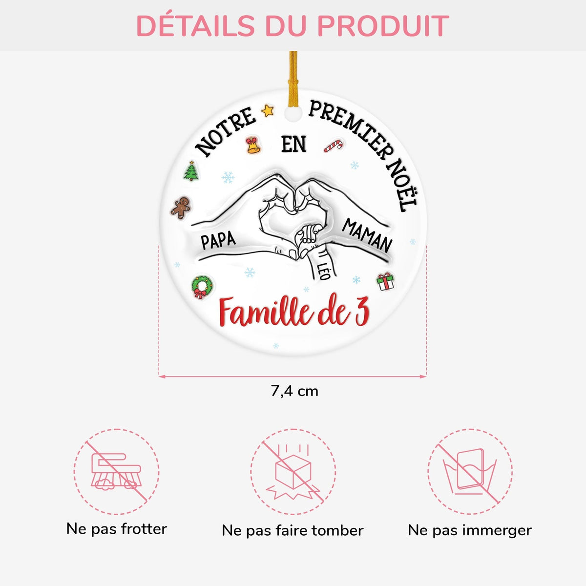 Ornement de Noël en Céramique Personnalisé – Premier Noël en Famille avec Prénoms et Date