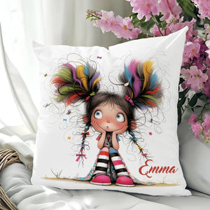 Coussin Personnalisé avec Prénom – Illustration Fille en Dessin Animé Coloré