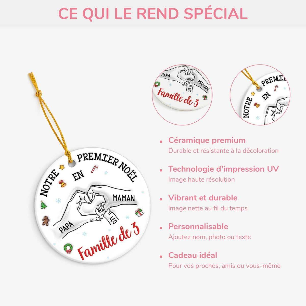 Ornement de Noël en Céramique Personnalisé – Premier Noël en Famille avec Prénoms et Date