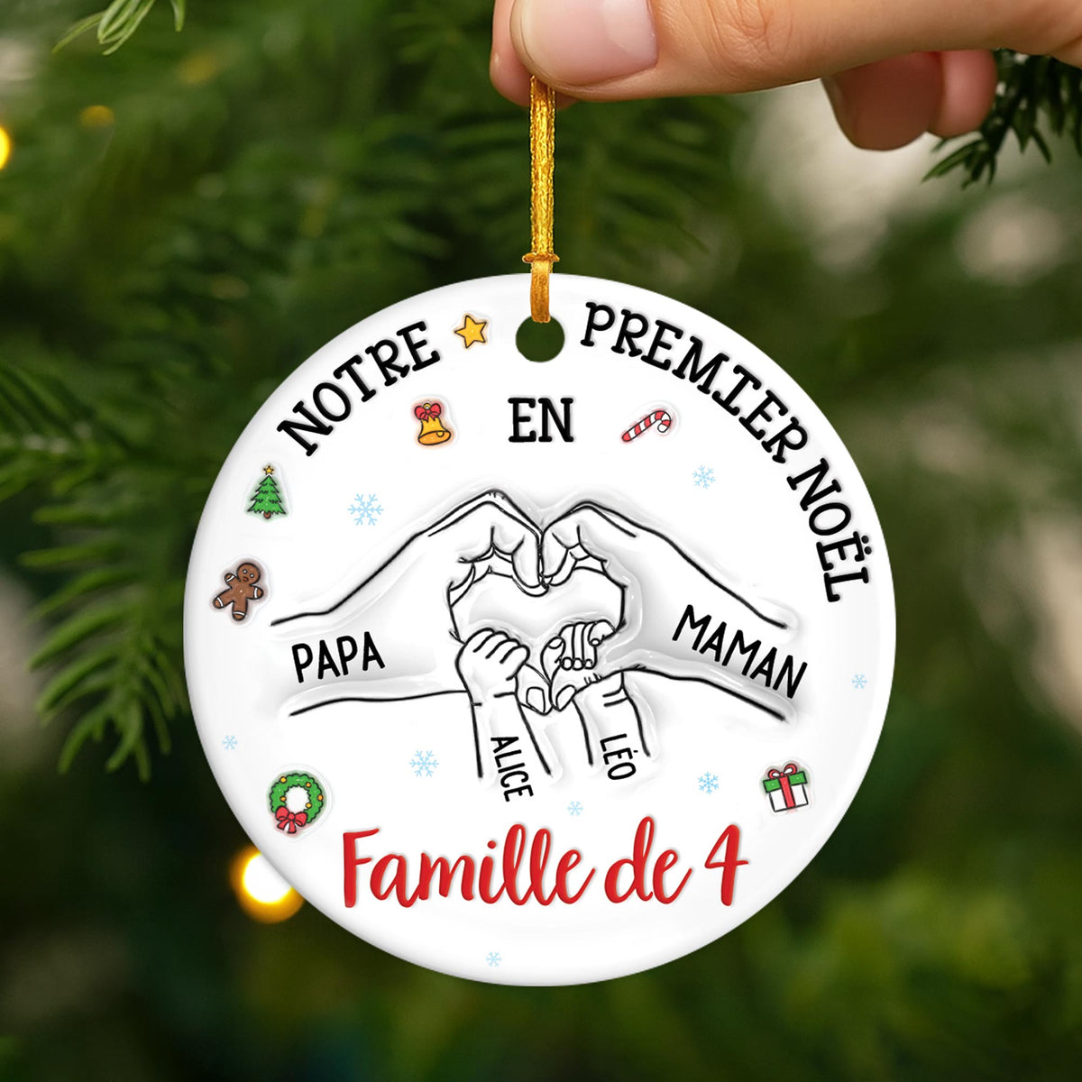 Ornement de Noël en Céramique Personnalisé – Premier Noël en Famille avec Prénoms et Date